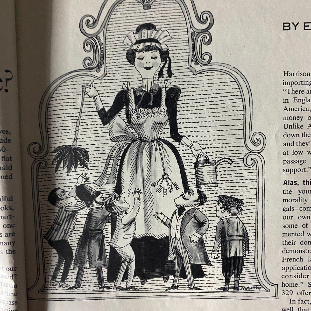 Illustration from Scene Magazine August 1961 depicting a whimsical scene with a large woman in a maid costume interacting with smaller characters, showcasing mid-century artistic style.