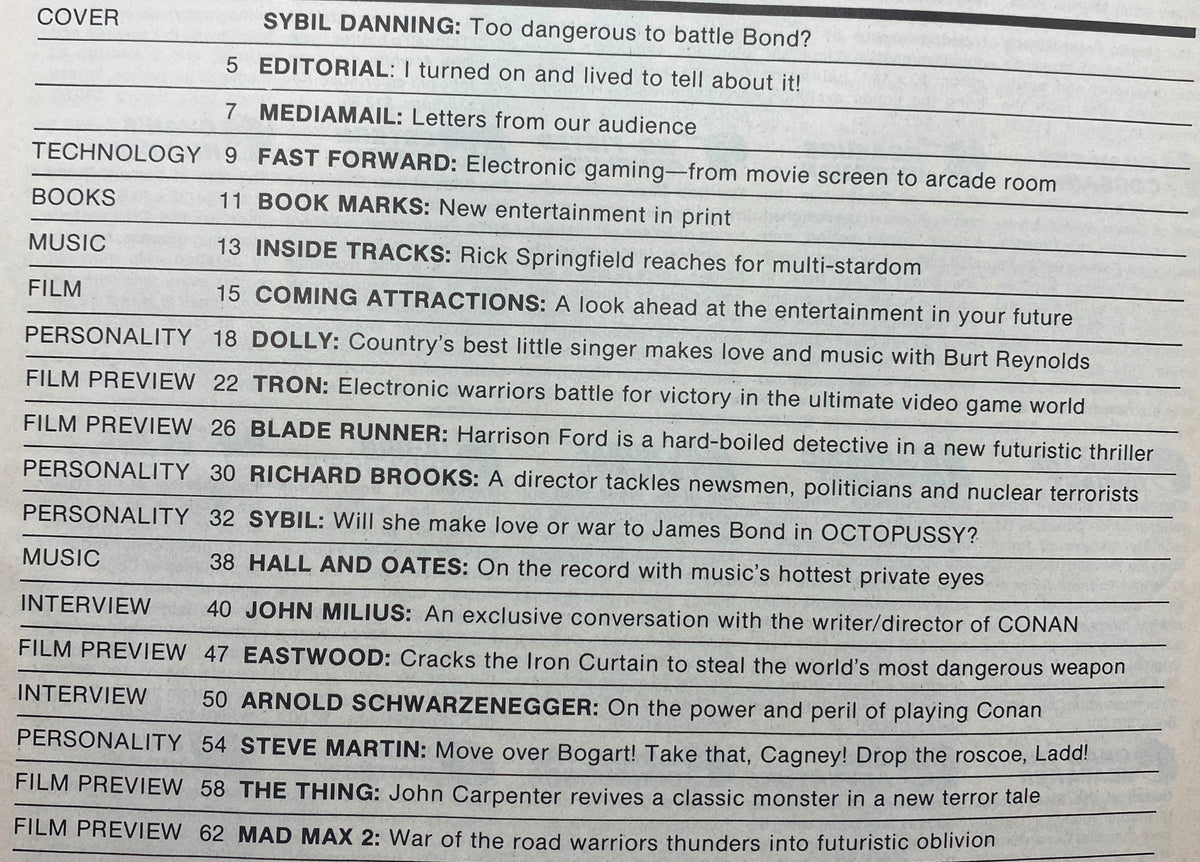 Table of contents from Prevue Magazine July 1982 listing film previews, personalities like Sybil Danning, and music features including Hall and Oates.