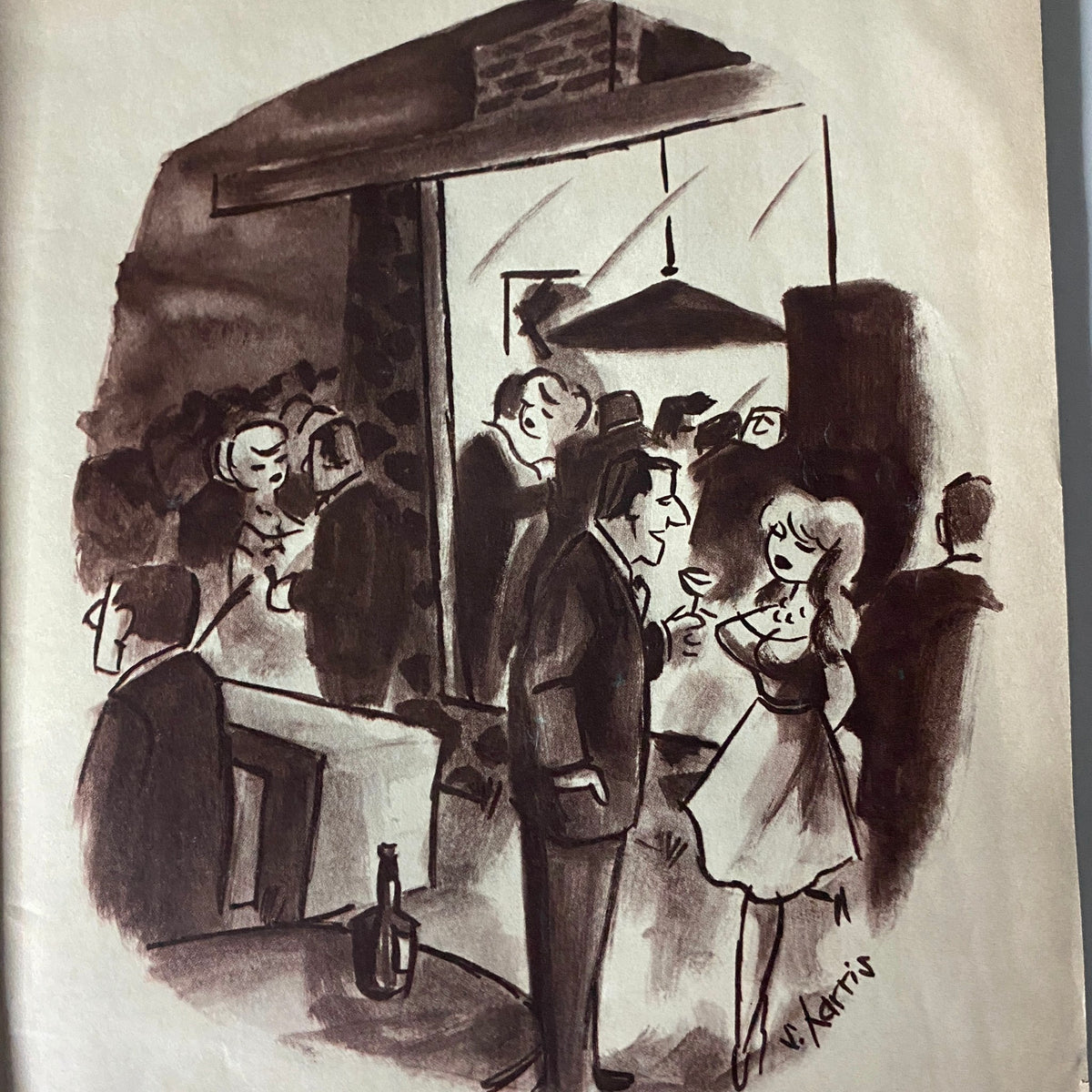 Illustration from Caper Magazine November 1965, Vol 11 No. 6, depicting a lively social scene with elegantly dressed individuals in a mid-century setting, capturing the essence of 1960s sophistication.