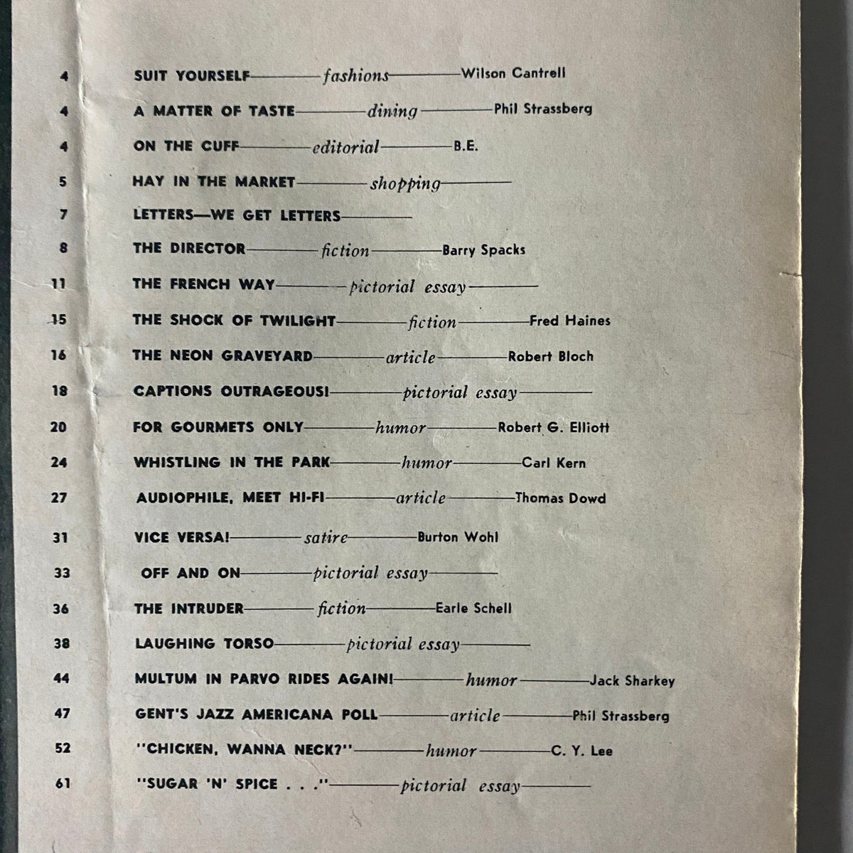 Sample page from Gent Magazine February 1960 displaying the table of contents with various articles including fashion, dining, and humor.