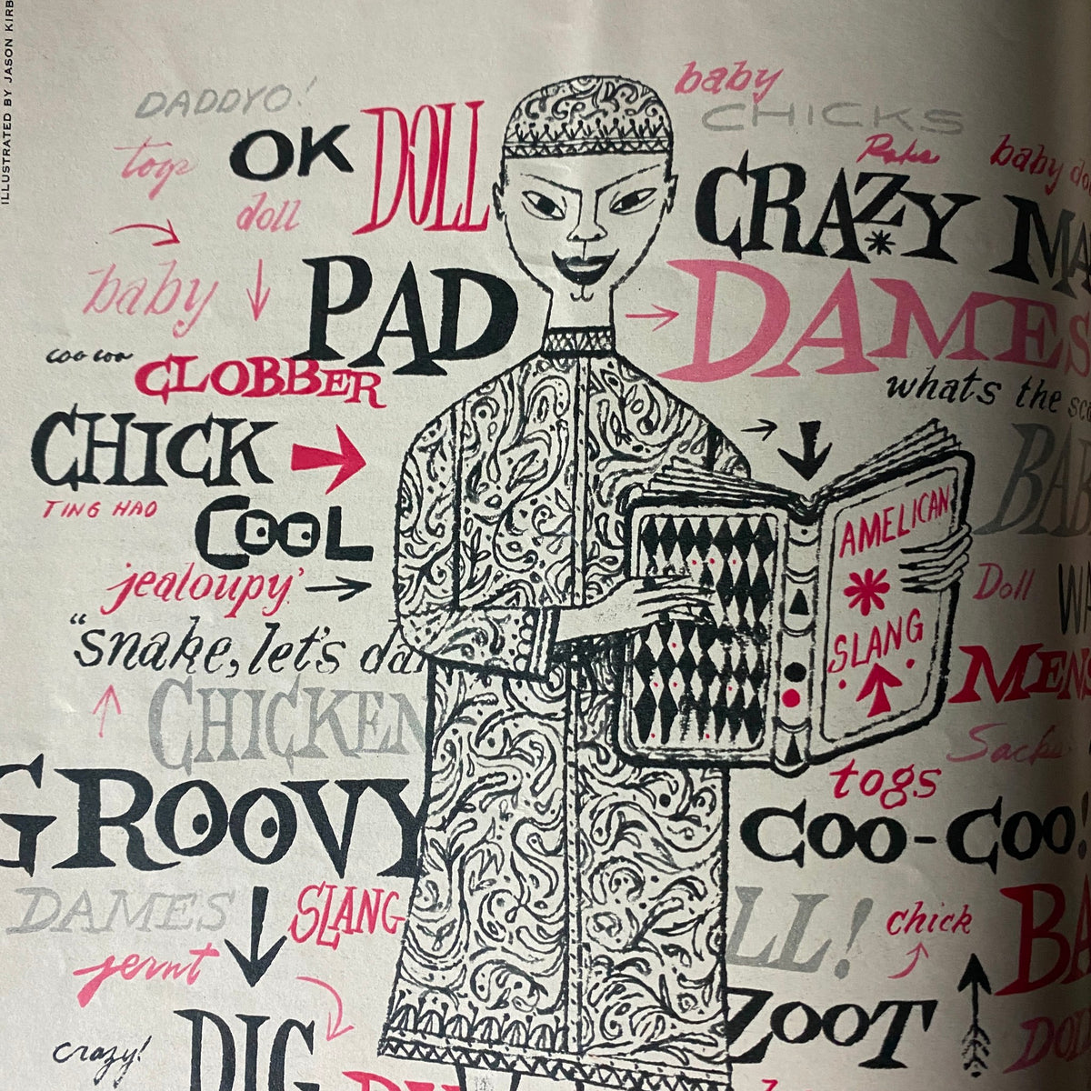 Illustration from Gent Magazine February 1960 depicting American slang words with a stylistic figure holding a book.