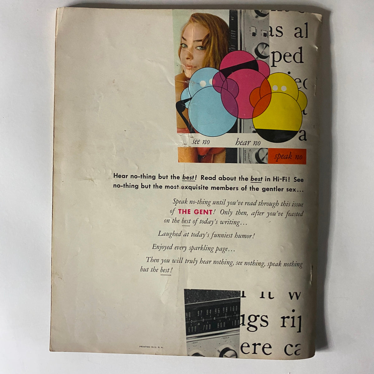 Back cover of Gent Magazine February 1960 featuring retro graphics and a playful design with the phrase 'Hear no-thing but the best!'