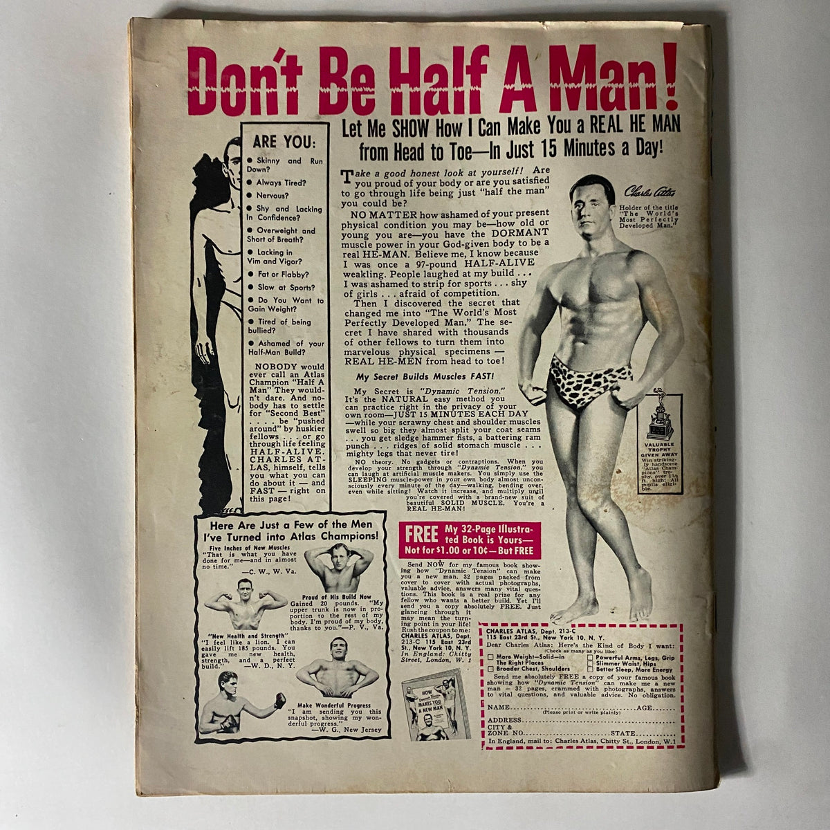 The back cover of Mr. Magazine March 1964 Vol 8 No. 4, featuring an advertisement titled 'Don’t Be Half A Man!' promoting physical fitness and personal development, highlighting the societal focus on male physique during the era.