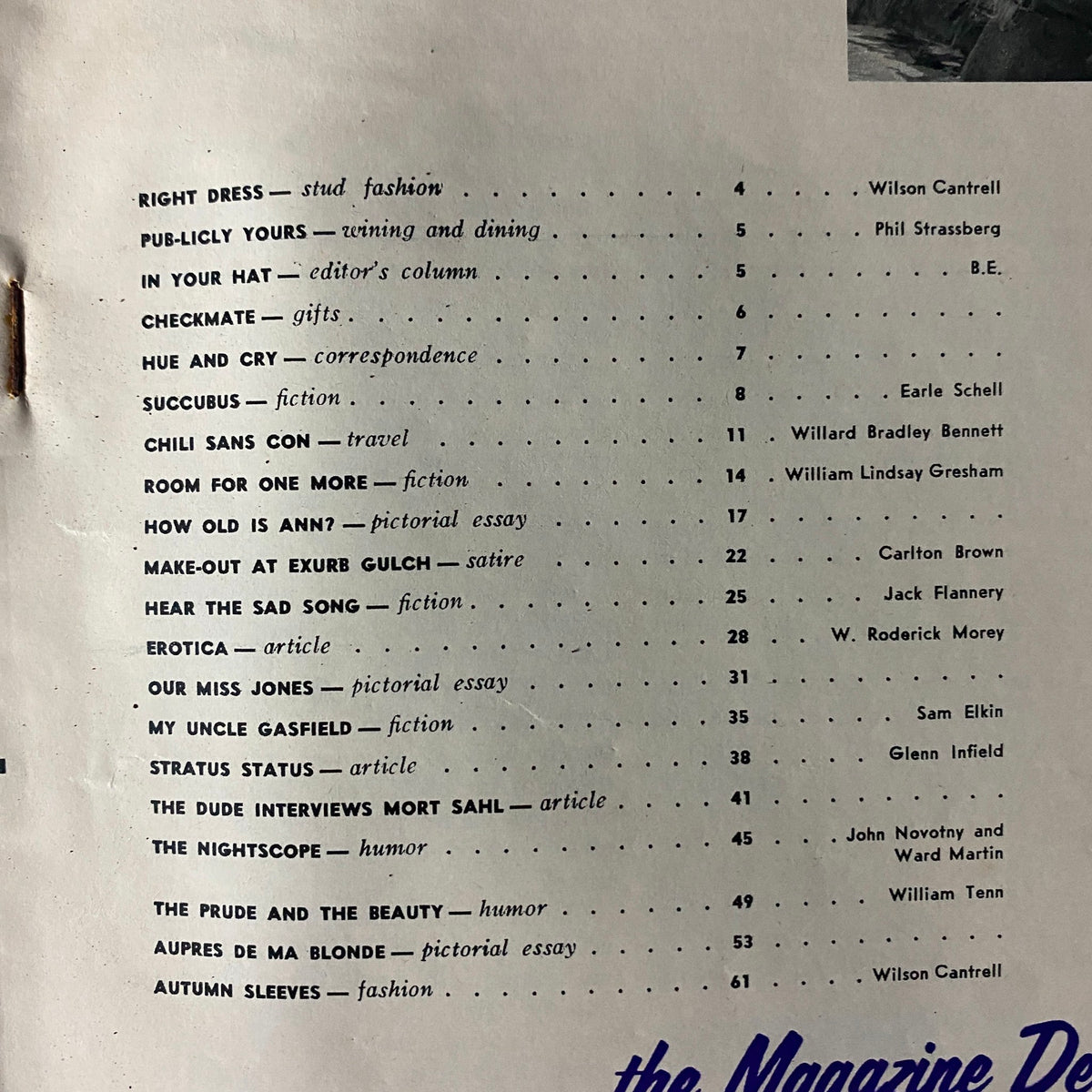 Contents page of The Dude Magazine November 1960, detailing various articles including fashion, satire, and the exclusive Mort Sahl interview, showcasing the magazine's diverse content.