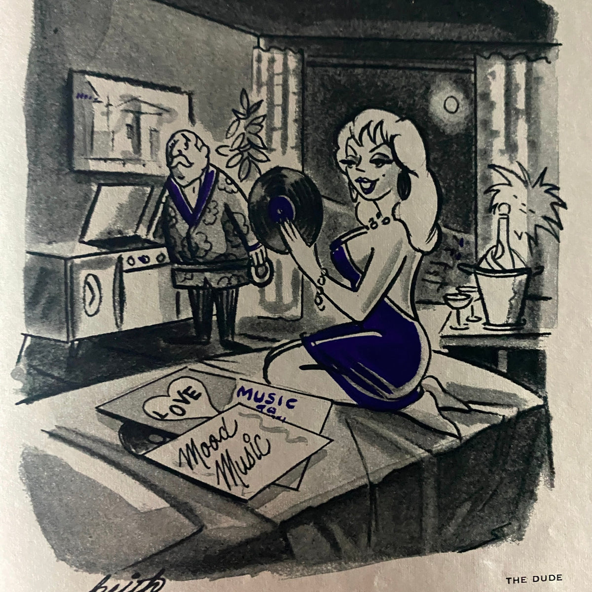 Illustration from The Dude Magazine November 1960 depicting a retro scene with a woman holding a vinyl record, representing the playful and artistic style of the magazine's content.