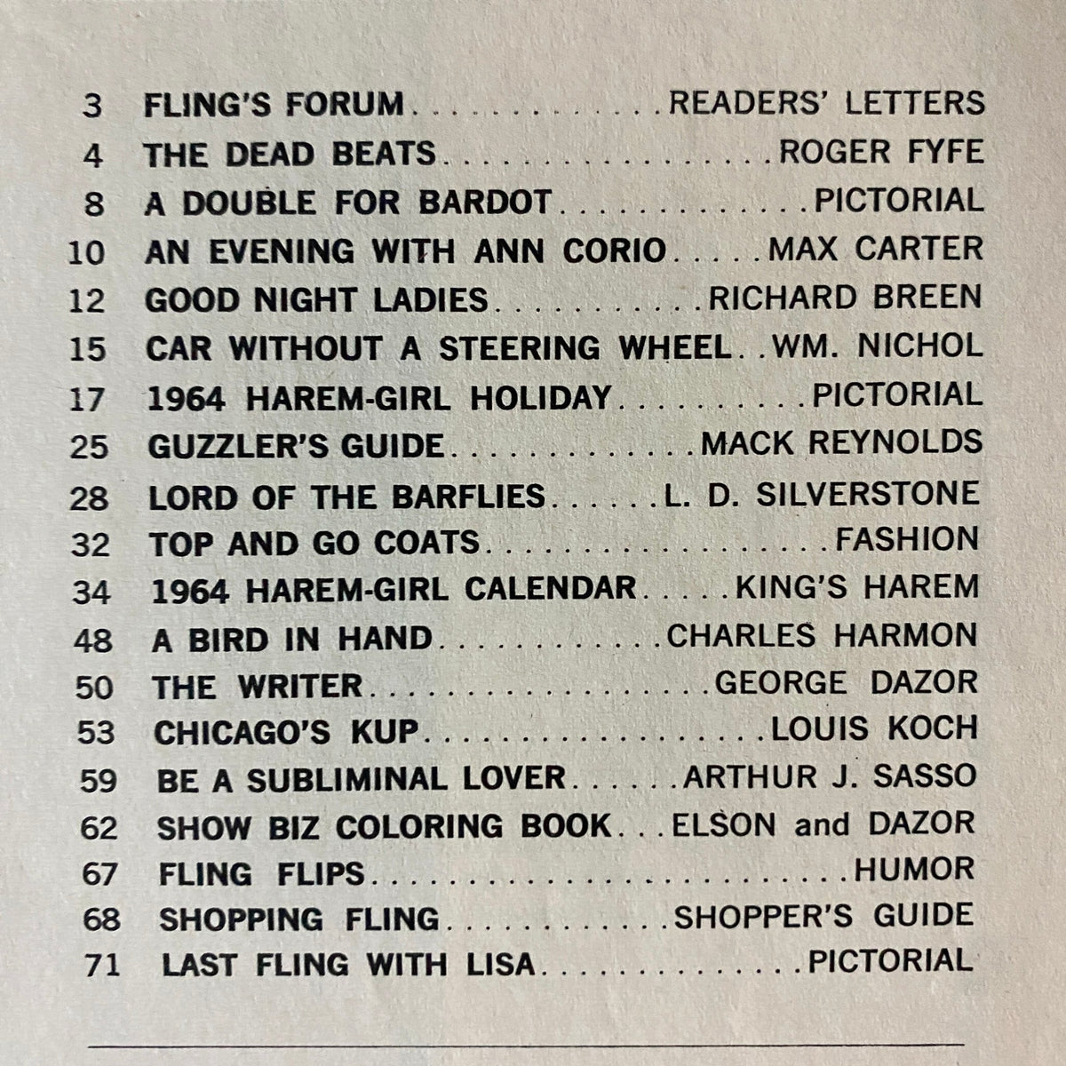 Table of contents from Fling Magazine March 1964 showcasing features like 'Fling's Forum' and '1964 Harem-Girl Holiday'. A vintage collectible highlighting 1960s pop culture.
