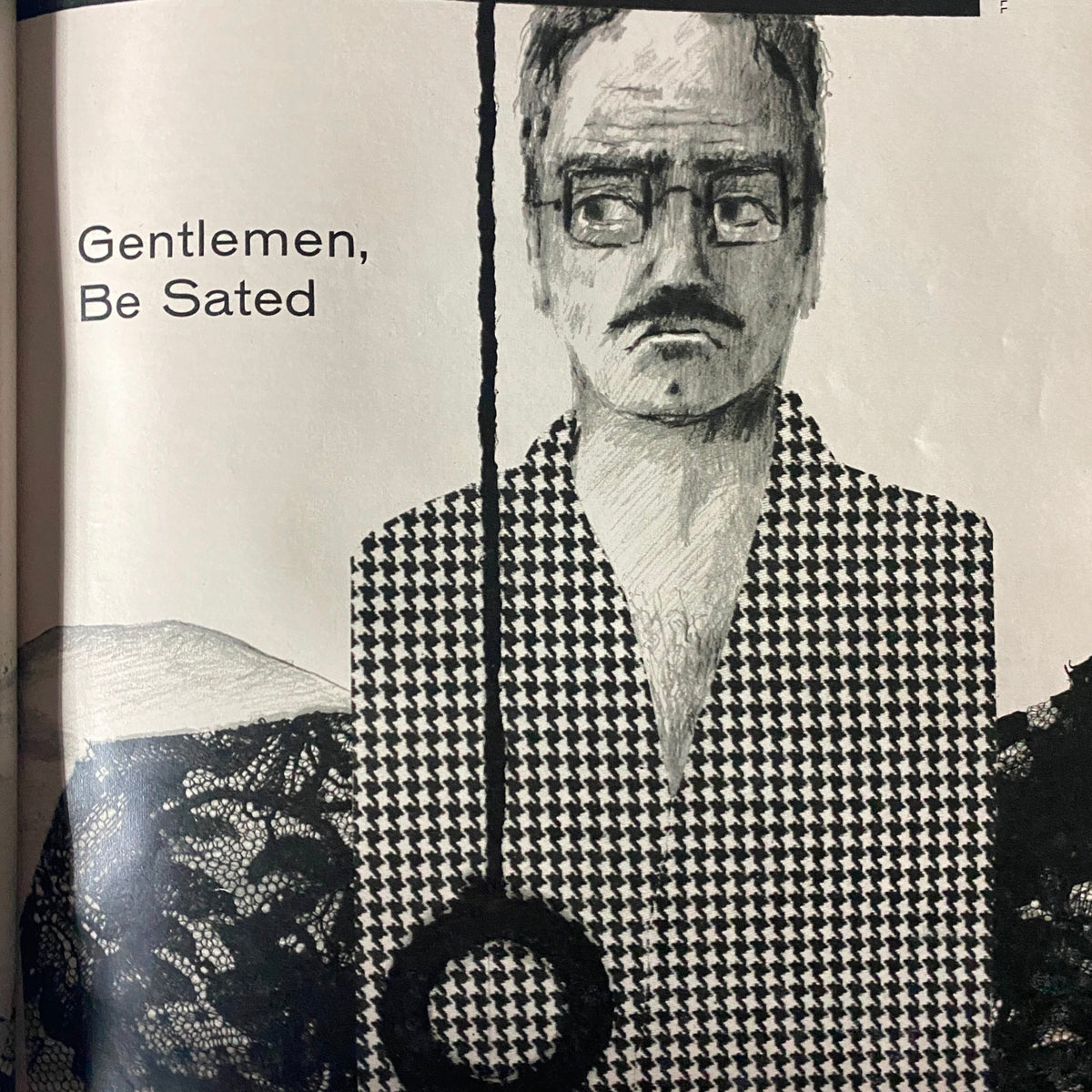 Illustration from The Dude Magazine January 1961 featuring a stylized portrayal of a man in a patterned robe with the text 'Gentlemen, Be Sated'.