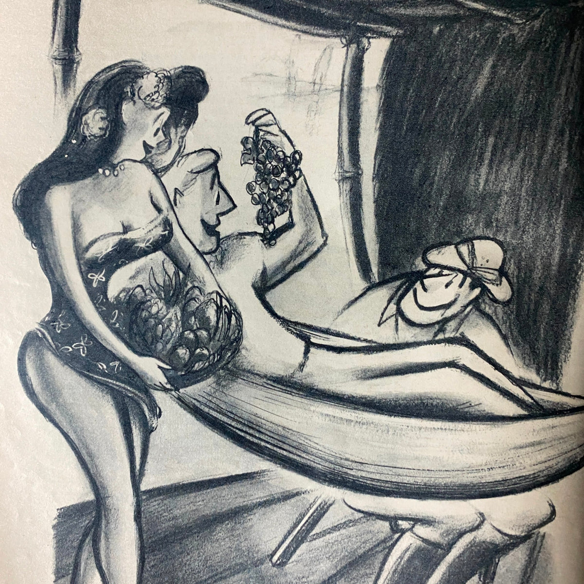 Illustration from the September 1958 issue of Bachelor Magazine depicting a man and woman in a tropical scene, relevant to the magazine's theme of mid-century lifestyle.