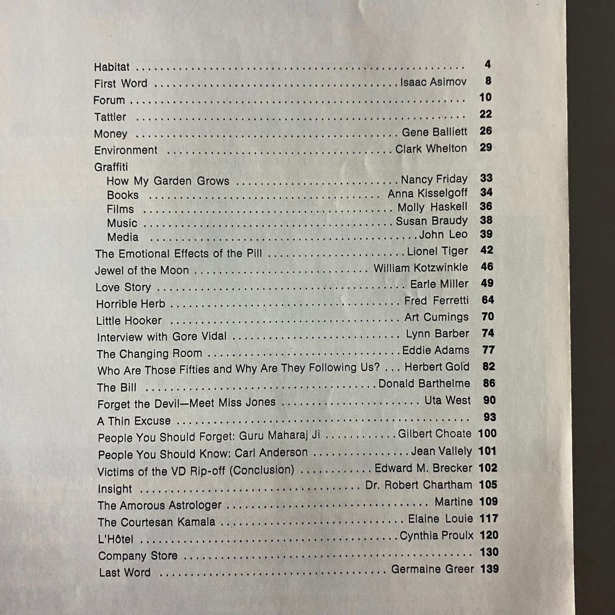 Table of contents from Viva Magazine November 1973 outlining featured articles and interviews, including an interview with Gore Vidal and various essays by prominent literary figures.