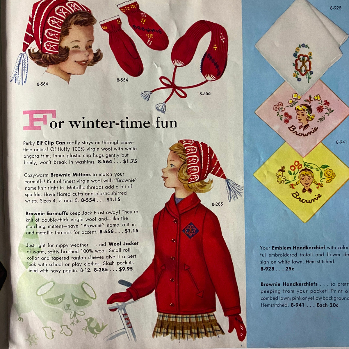 Winter clothing options from the "Brownie Scout Equipment Fall 1958 Spring 1959 Catalog", highlighting a girl wearing a red wool jacket and matching accessories like mittens and a cap, along with descriptions and prices of items.