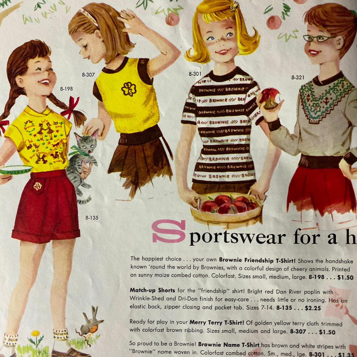 Sportswear selections from the "Brownie Scout Equipment Fall 1958 Spring 1959 Catalog", depicting girls in colorful t-shirts and shorts, with item descriptions and prices for fun and practical Brownie apparel.