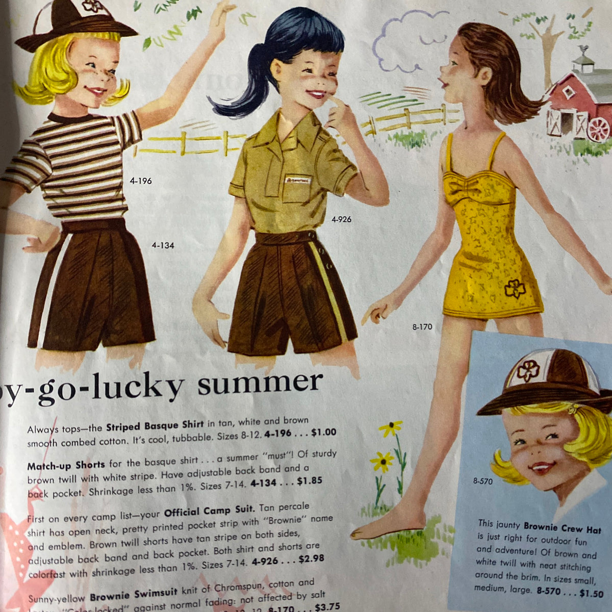 Summer gear from the "Brownie Scout Equipment Fall 1958 Spring 1959 Catalog", featuring girls in matching tops and shorts along with a swimsuit, accompanied by descriptions and prices for the items suitable for camp activities.
