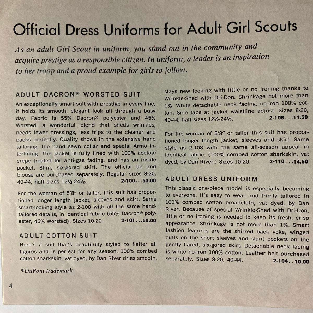 Interior page of the 1967 Official Dress Uniforms for Girl Scouts Catalog showcasing a detailed description of adult girl scout uniforms, including fabric and styling information.