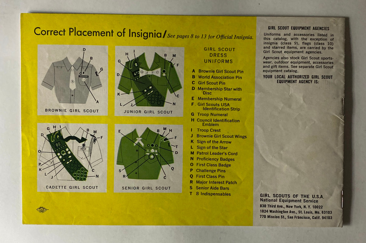 1967 Official Dress Uniforms for Girl Scouts Catalog back cover illustrating the correct placement of insignia on Girl Scout uniforms, featuring different uniform styles with annotated markings.