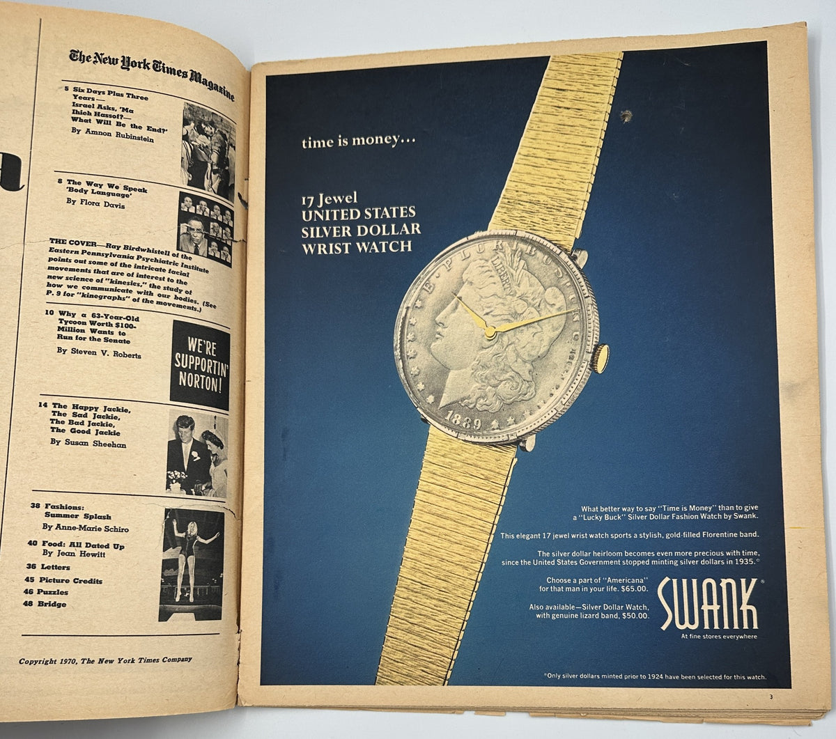 Interior advertisement page from The New York Times Magazine May 31, 1970, showcasing a United States Silver Dollar wristwatch with a blue background.