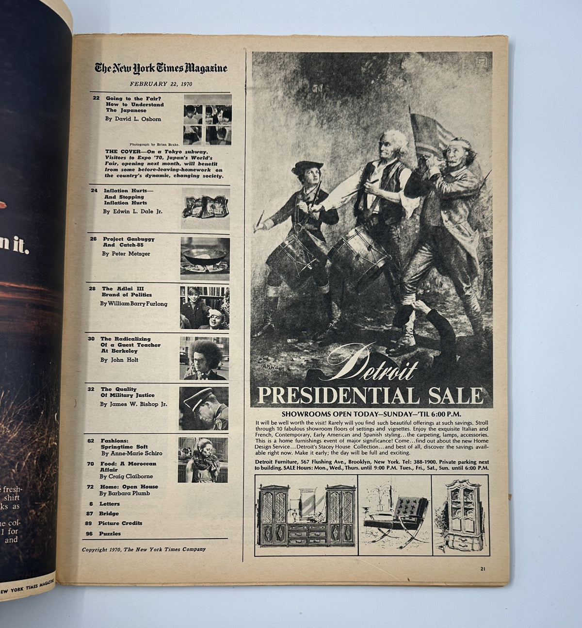 Interior page from The New York Times Magazine dated February 22, 1970, showcasing an article by David L. Osborn, alongside advertisements for the Detroit Presidential Sale.