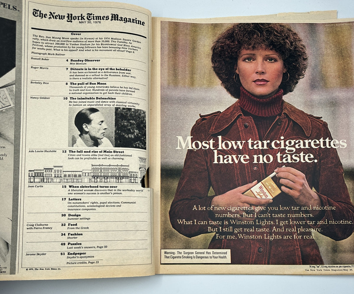Inside spread of The New York Times Magazine May 30, 1976, displaying the Table of Contents alongside an advertisement for Winston Lights cigarettes, highlighting the slogan 'Most low tar cigarettes have no taste.'