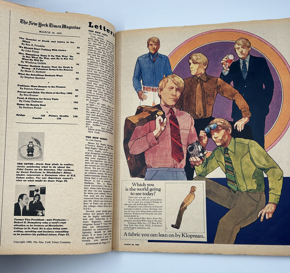 Inside spread of The New York Times Magazine March 30, 1969, showcasing various fashion illustrations and a letter section, highlighting contemporary styles and reflections from that era.