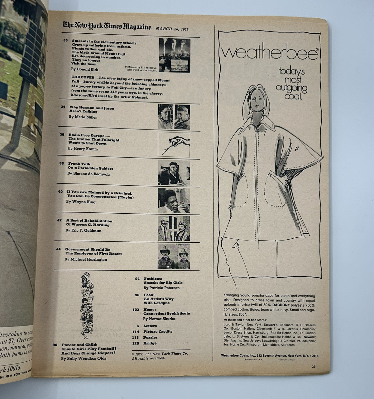 Table of contents page from The New York Times Magazine March 26, 1972, listing various articles, including features on education and fashion.