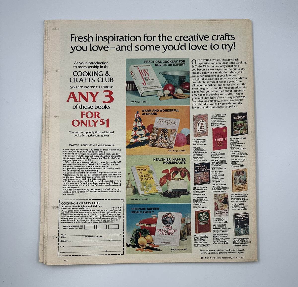 Page from The New York Times Magazine May 15, 1977 featuring advertisements for creative craft book selections as part of the Cooking & Crafts Club, showcasing various titles and offers.
