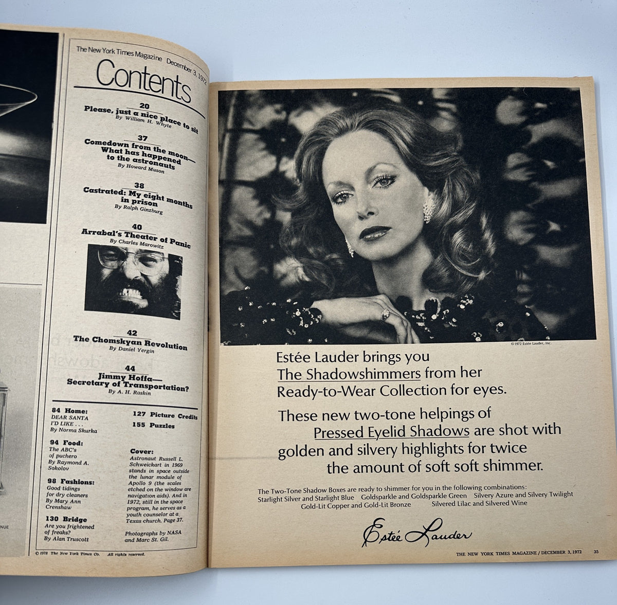 Inside page of The New York Times Magazine, December 3, 1972, displaying the Table of Contents. The page highlights Esteé Lauder's advertisement for the Shadowshimers collection, featuring a glamorous model.