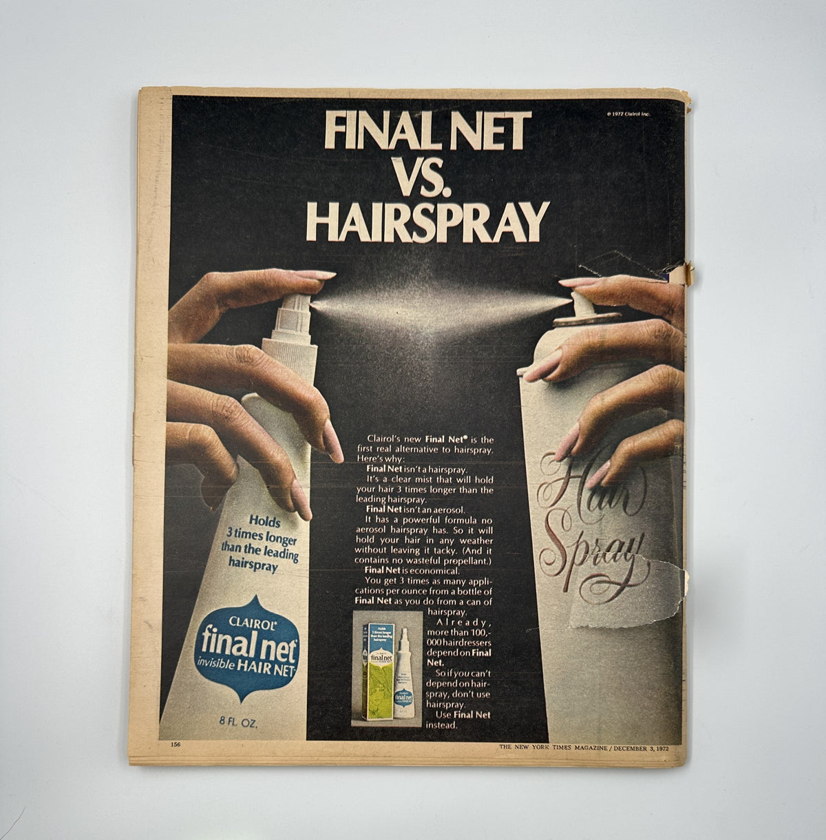 Advertisement page from The New York Times Magazine, December 3, 1972, comparing Final Net hairspray with regular hairspray. Features a visual of two hands holding hair product cans.
