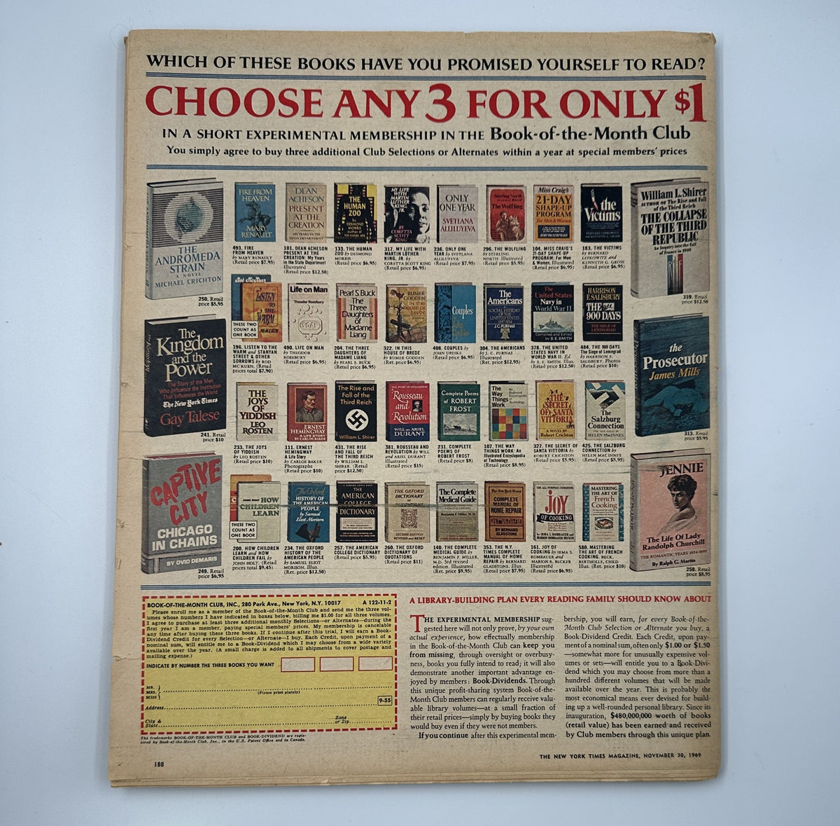 The back cover of The New York Times Magazine dated November 30, 1969, advertising a Book-of-the-Month Club membership with various book titles. The page is showing wear consistent with its age.
