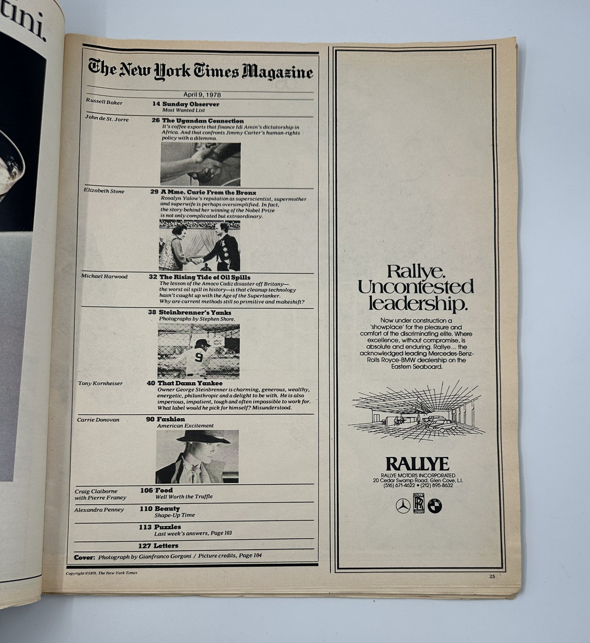 Table of Contents page from The New York Times Magazine, April 9, 1978, including articles such as 'The Ugandan Connection,' 'The Rising Tide of Oil Spills,' and 'That Damn Yankee' on George Steinbrenner.