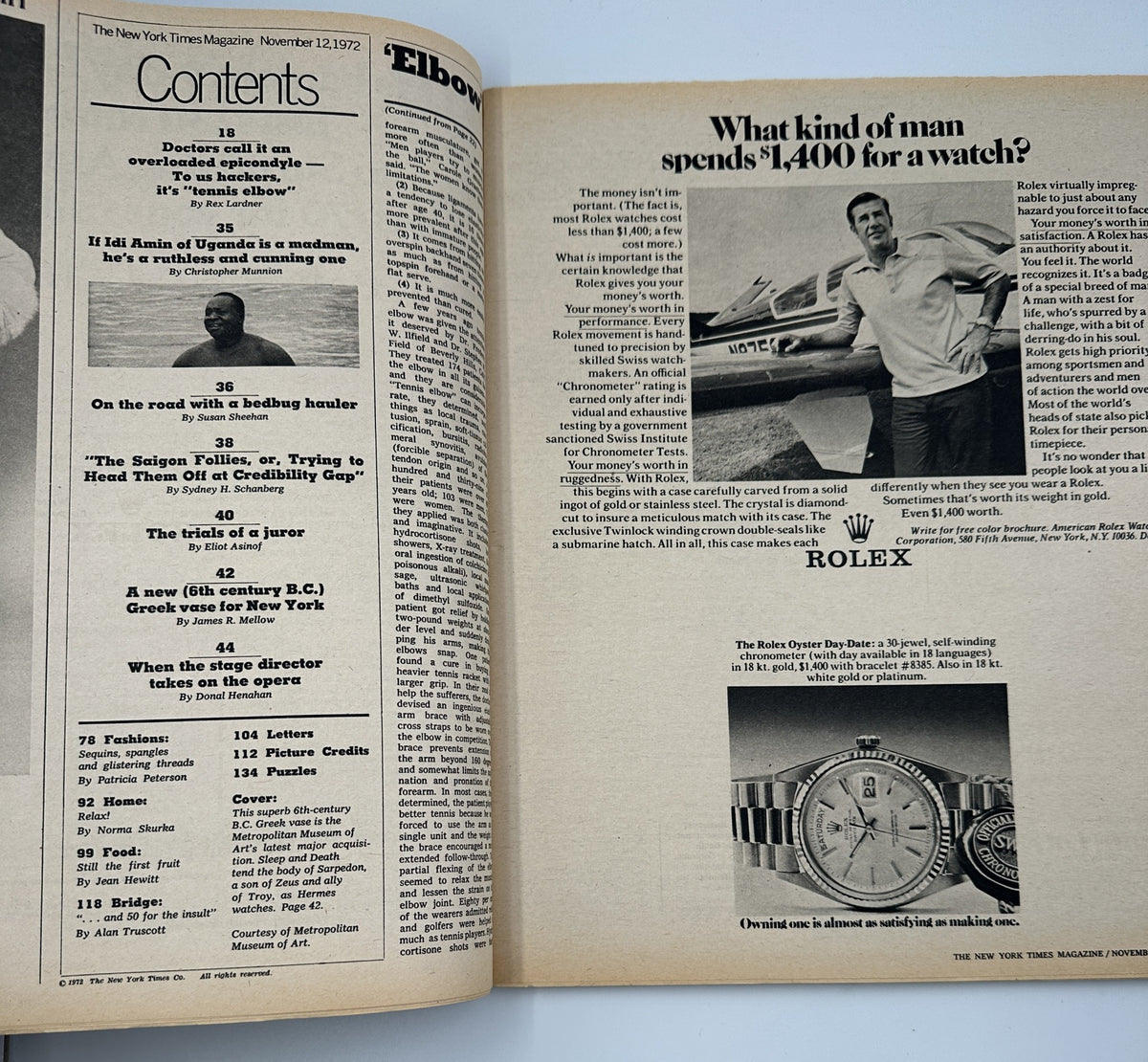 Interior page of The New York Times Magazine from November 12, 1972, displaying the Table of Contents and an article titled 'What kind of man spends $1,400 for a watch?' alongside an image of a Rolex watch.