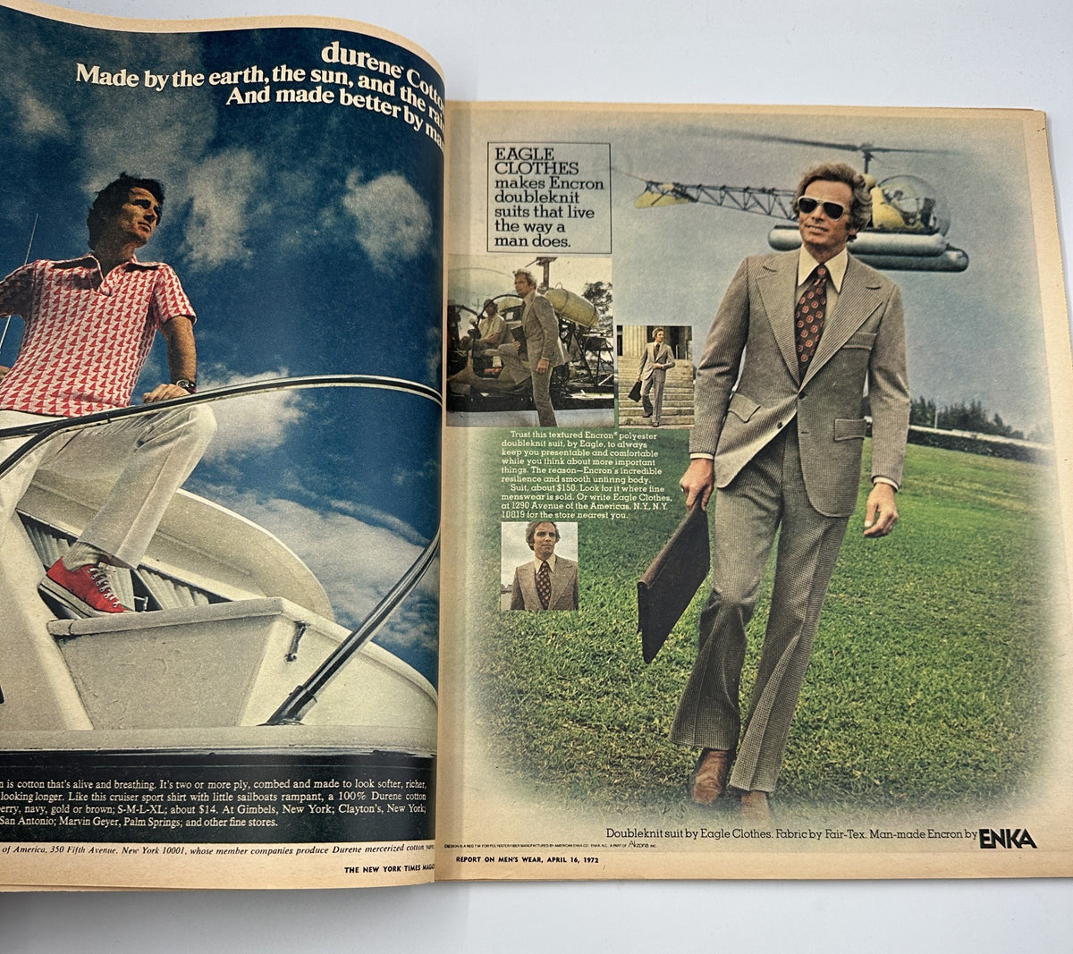 Inside spread from The New York Times Magazine April 16, 1972 Report on Men’s Wear featuring a model in a summer suit with a stylish backdrop and a yacht.