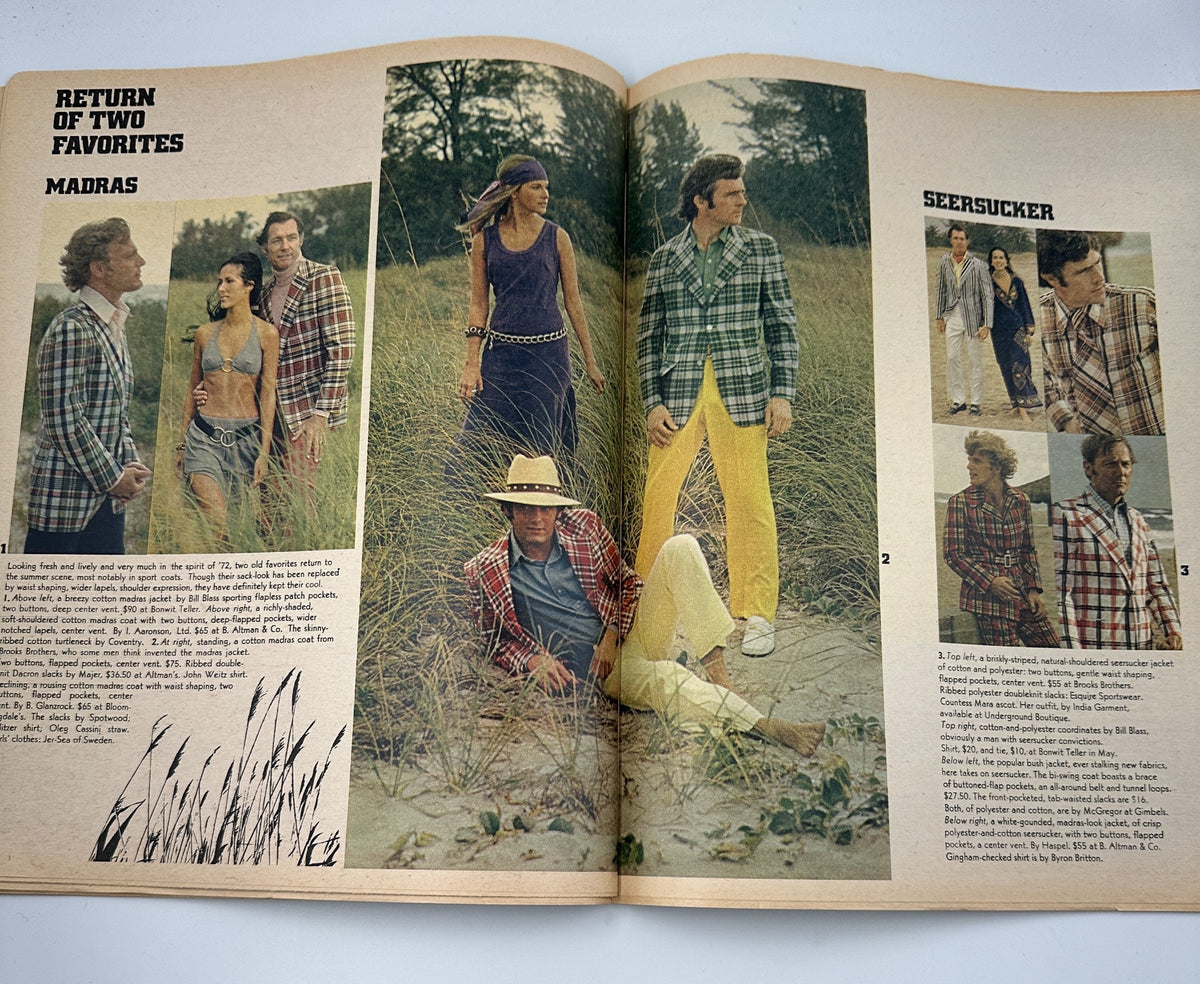 Page from The New York Times Magazine April 16, 1972 Report on Men’s Wear displaying multiple models in fashionable outfits, including plaid and seersucker styles.