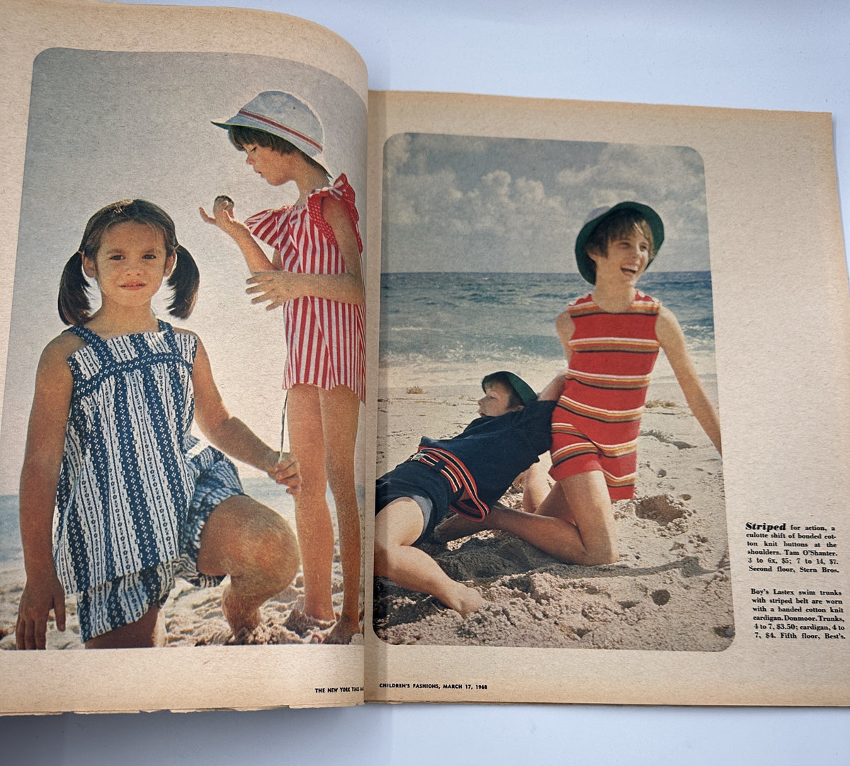 Image from The New York Times Magazine March 17, 1968 Children's Fashions Issue depicting children by the beach in striped swimsuits, illustrating mid-century children's fashion.