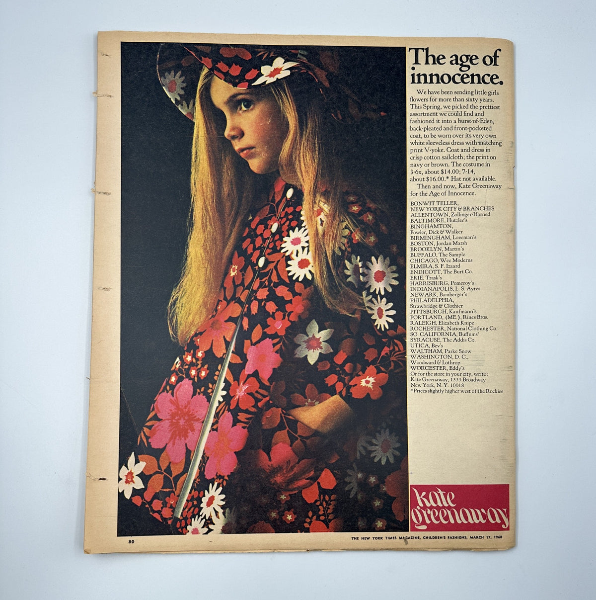 A vintage children’s fashion advertisement from The New York Times Magazine March 17, 1968 issue, featuring a young girl wearing a floral patterned outfit, exemplifying the mid-century style of that era.