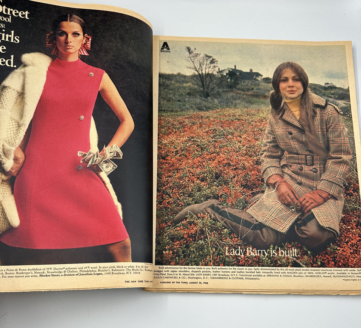 Interior page of The New York Times Magazine August 25, 1968 showcasing two fashionable looks, with one model dressed in a striking red dress, illustrating the fashion photography of the late 1960s.