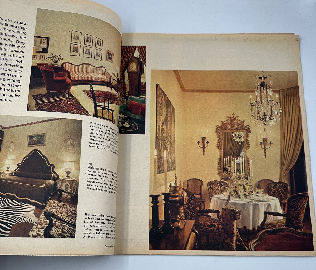 Interior pages from The New York Times Magazine September 28, 1969 The Home, displaying various rooms with vintage decor, including a dining area, ornate chandelier, and plush seating.