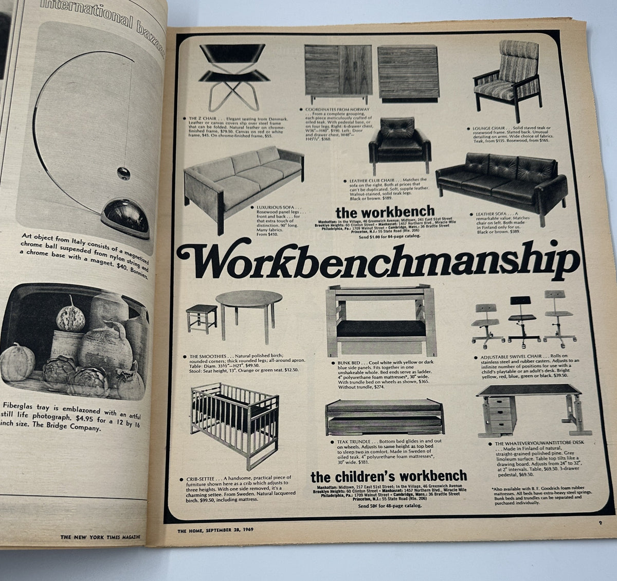 The New York Times Magazine September 28, 1969 features a page showcasing various furniture designs and craftsmanship under the title 'Workbenchmanship', highlighting mid-century modern aesthetics and functional furniture.