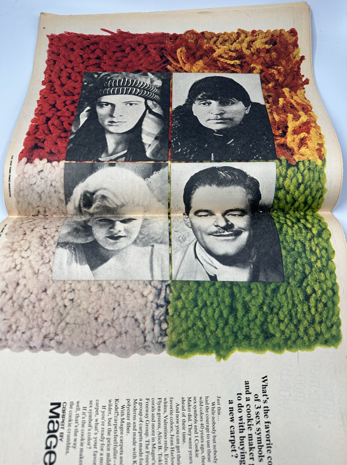 The New York Times Magazine September 28, 1969 includes an artistic layout of faces created from colorful yarns, promoting creativity and design in modern home decor.