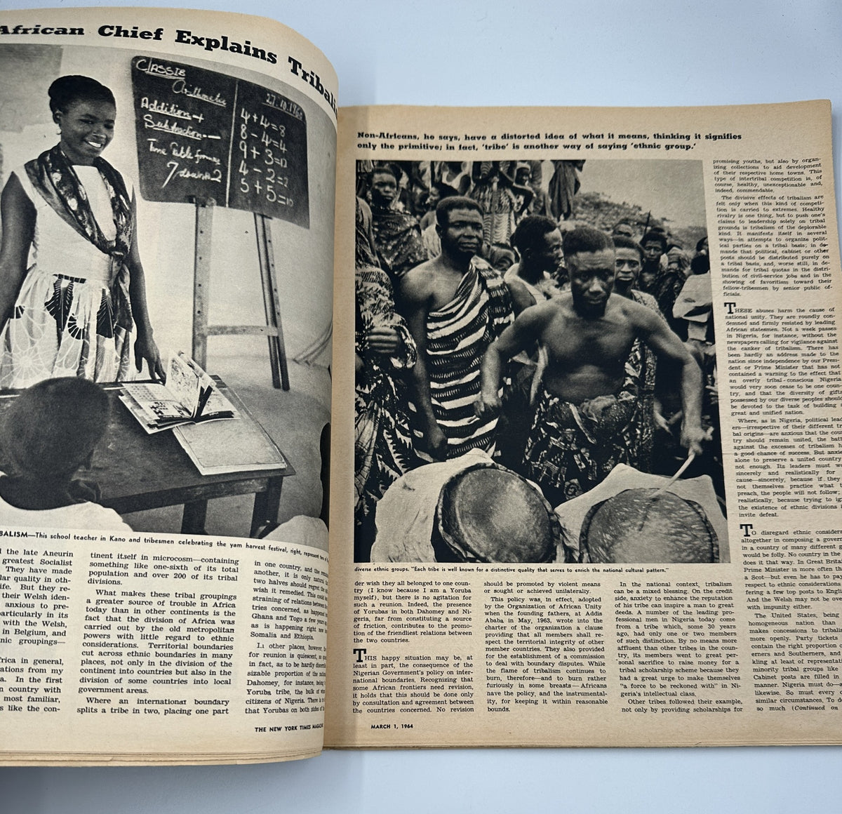 Historic image featuring an African chief explaining tribal customs, showcasing cultural insights. The caption highlights the chief's perspective while an educational context is presented. Part of The New York Times Magazine March 1, 1964.