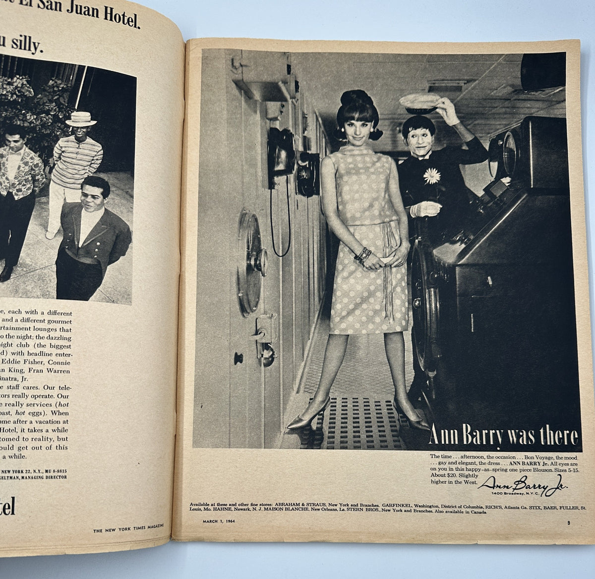 Fashion editorial from The New York Times Magazine March 1, 1964, featuring Ann Barry in a stylish outfit, set in a vintage room with period detailing, capturing mid-century fashion trends.