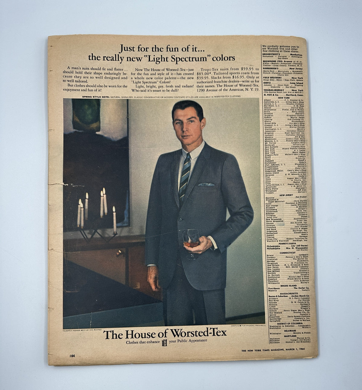 Advertisement featuring a well-dressed man holding a drink, promoting 'The House of Worsted Tex' in The New York Times Magazine March 1, 1964, highlighting stylish men's clothing options.