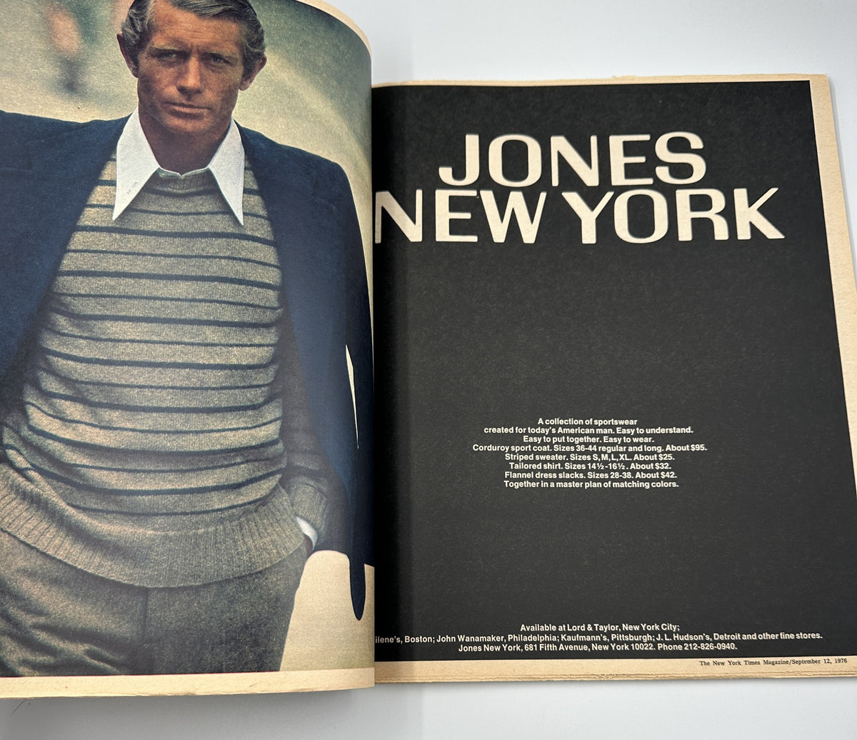An advertisement for Jones New York featuring a male model wearing a stylish blue and gray outfit, showcasing the company's collection of menswear. This image is from The New York Times Magazine September 12, 1976.