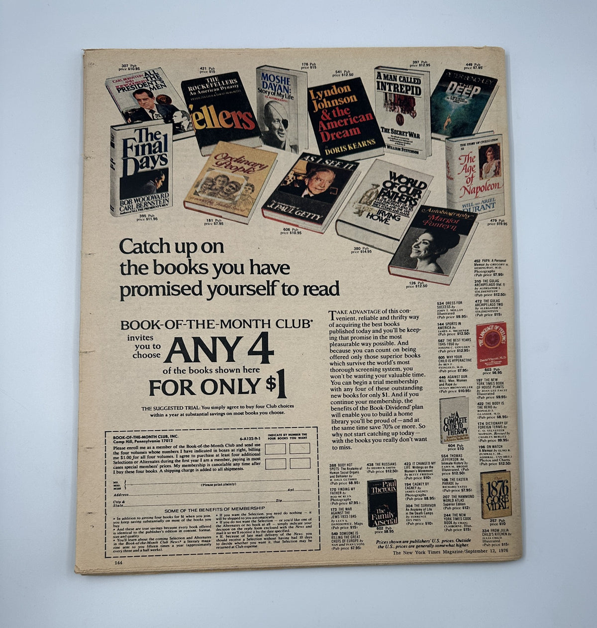 The back cover of The New York Times Magazine September 12, 1976, displaying a Book-of-the-Month Club invitation with various book titles, inviting readers to choose four books for only $1.