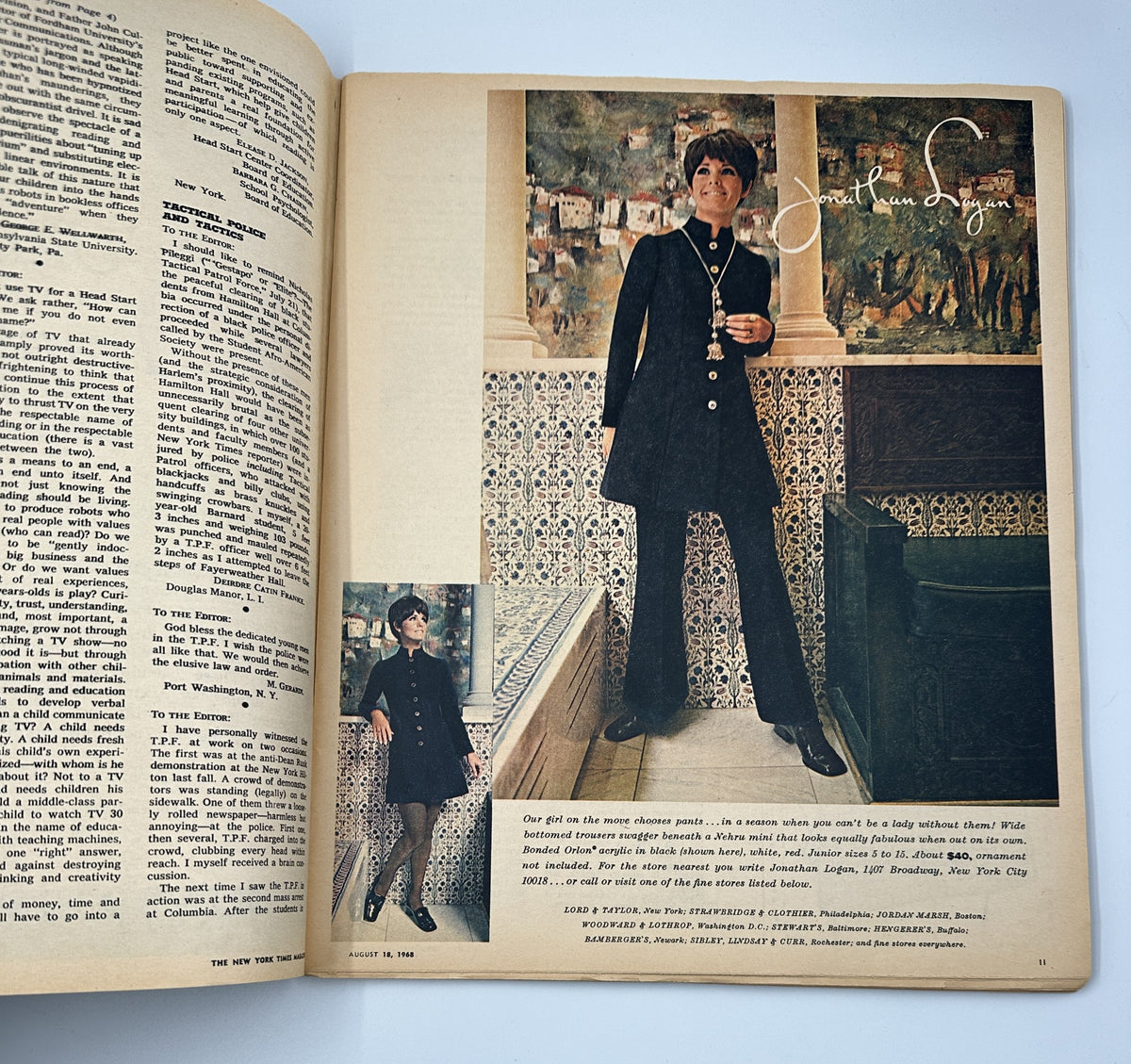 Interior page from The New York Times Magazine August 18, 1968 showcasing a fashion model, Jonathan Logan, elegantly dressed in a black outfit, illustrating the style and culture of the late 1960s.