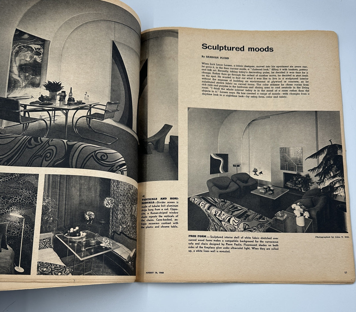 Interior spread from The New York Times Magazine August 18, 1968 showcasing a captivating room design titled 'Sculptured moods', reflecting the interior design trends of the late 1960s.