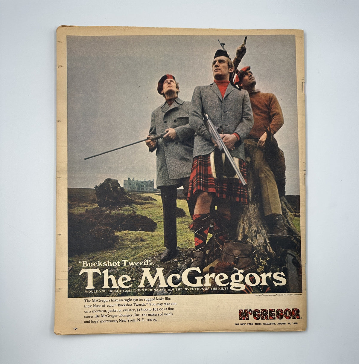 The back cover of The New York Times Magazine August 18, 1968 featuring a vintage advertisement for 'The McGregors', presenting men in traditional Scottish attire with hunting gear.