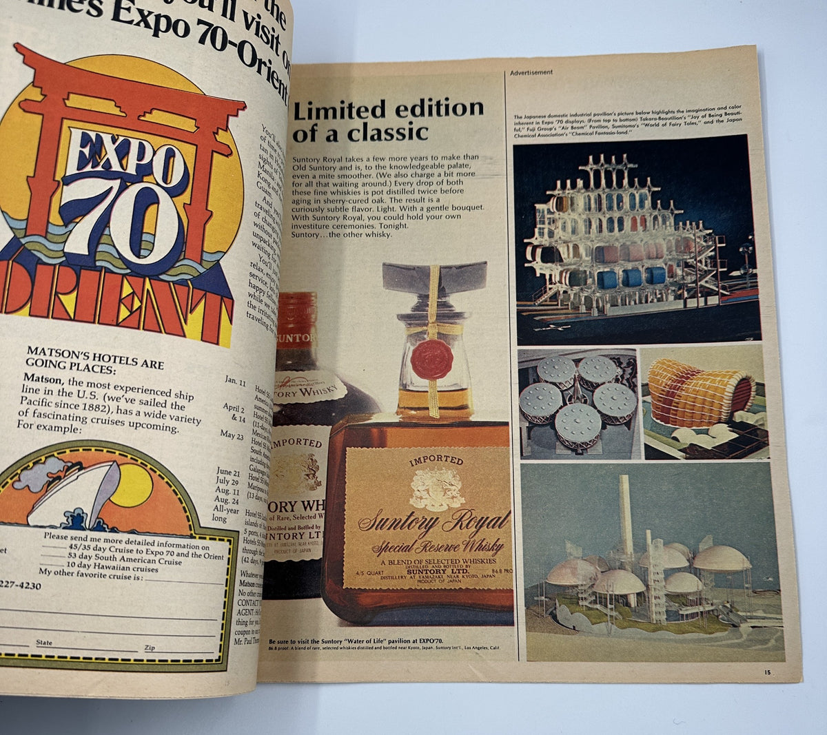 Inside page of The New York Times Magazine September 21, 1969, displaying an advertisement for a limited edition whiskey and Expo ’70 attractions, emphasizing global culture.