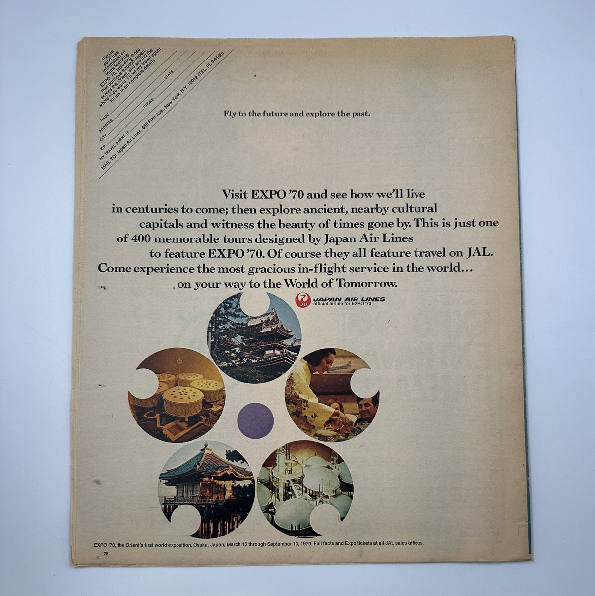 Back cover of The New York Times Magazine September 21, 1969, promoting Japan Airlines tour packages to Expo ’70, showcasing travel opportunities and cultural exploration.