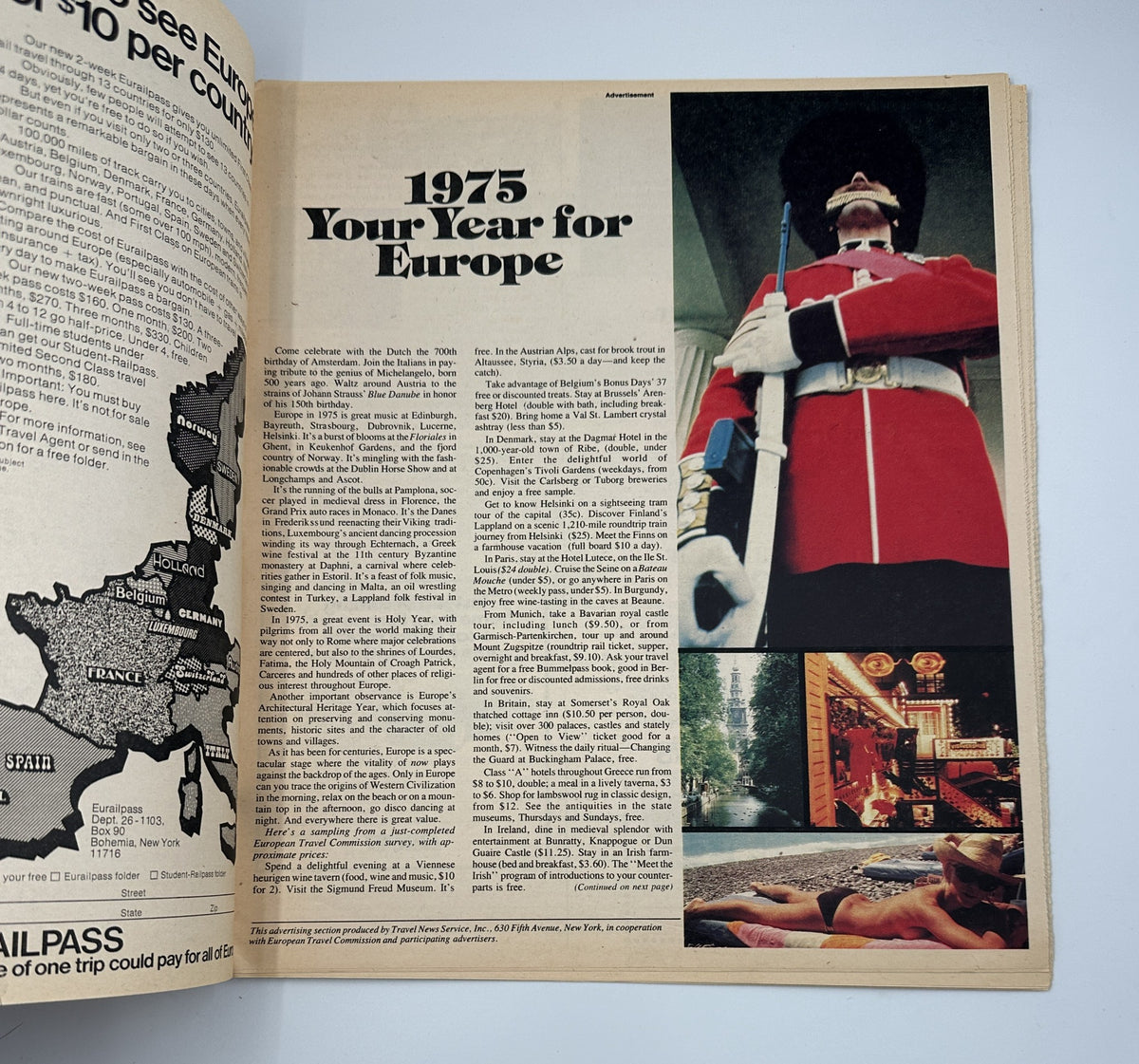 Inside page of The New York Times Magazine April 6, 1975 Europe Travel Special Issue highlighting travel tips for Europe in 1975.
