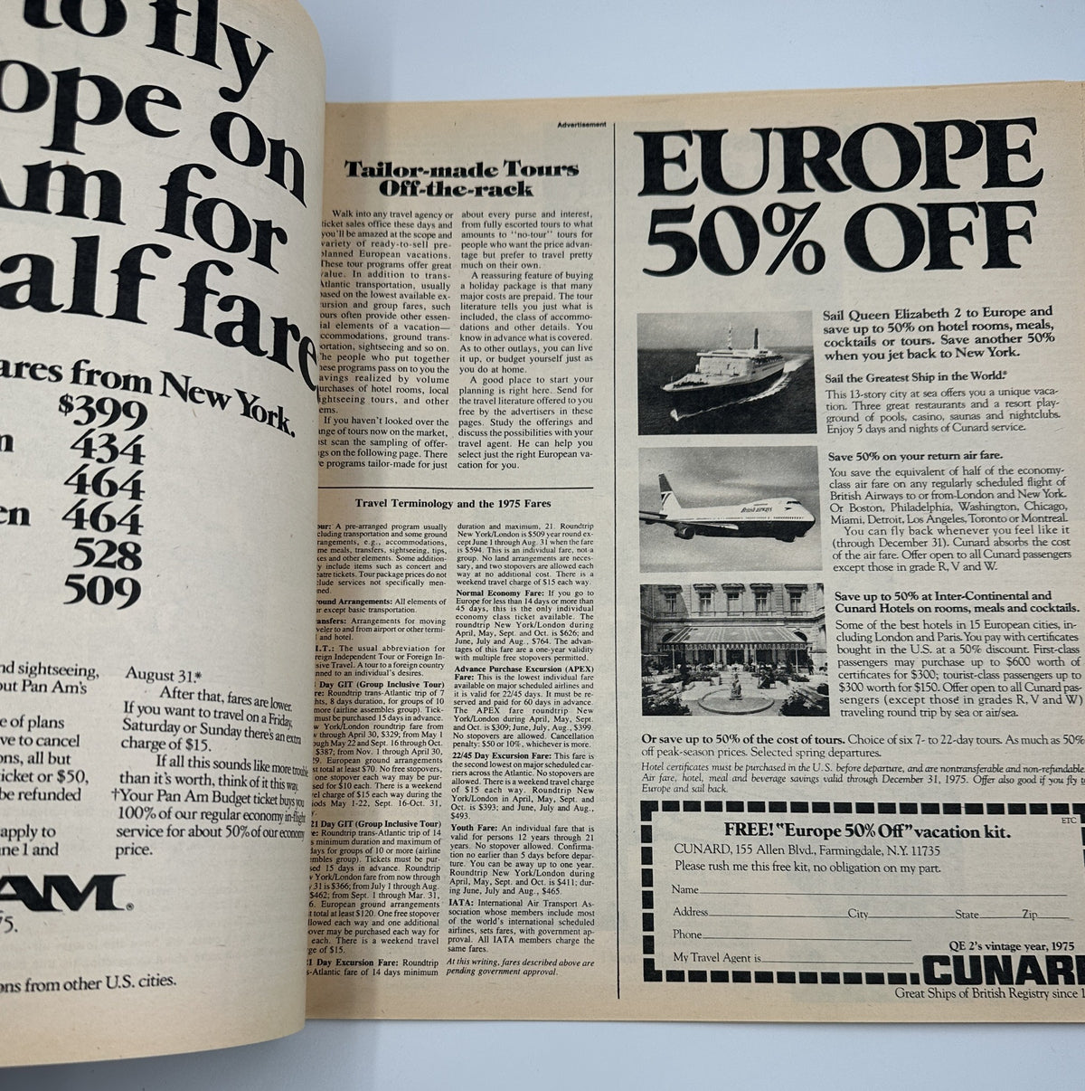 Inside advertisement from The New York Times Magazine April 6, 1975 Europe Travel Special Issue showcasing airline deals for Europe.