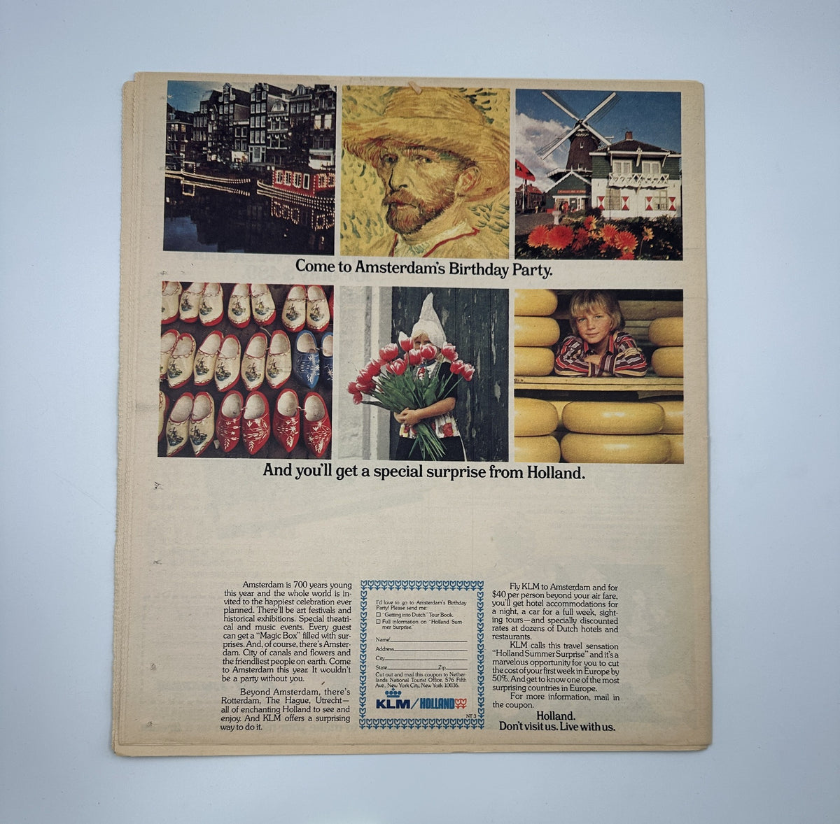 Back cover of The New York Times Magazine April 6, 1975 Europe Travel Special Issue promoting a special offer from KLM for travelers to Amsterdam.